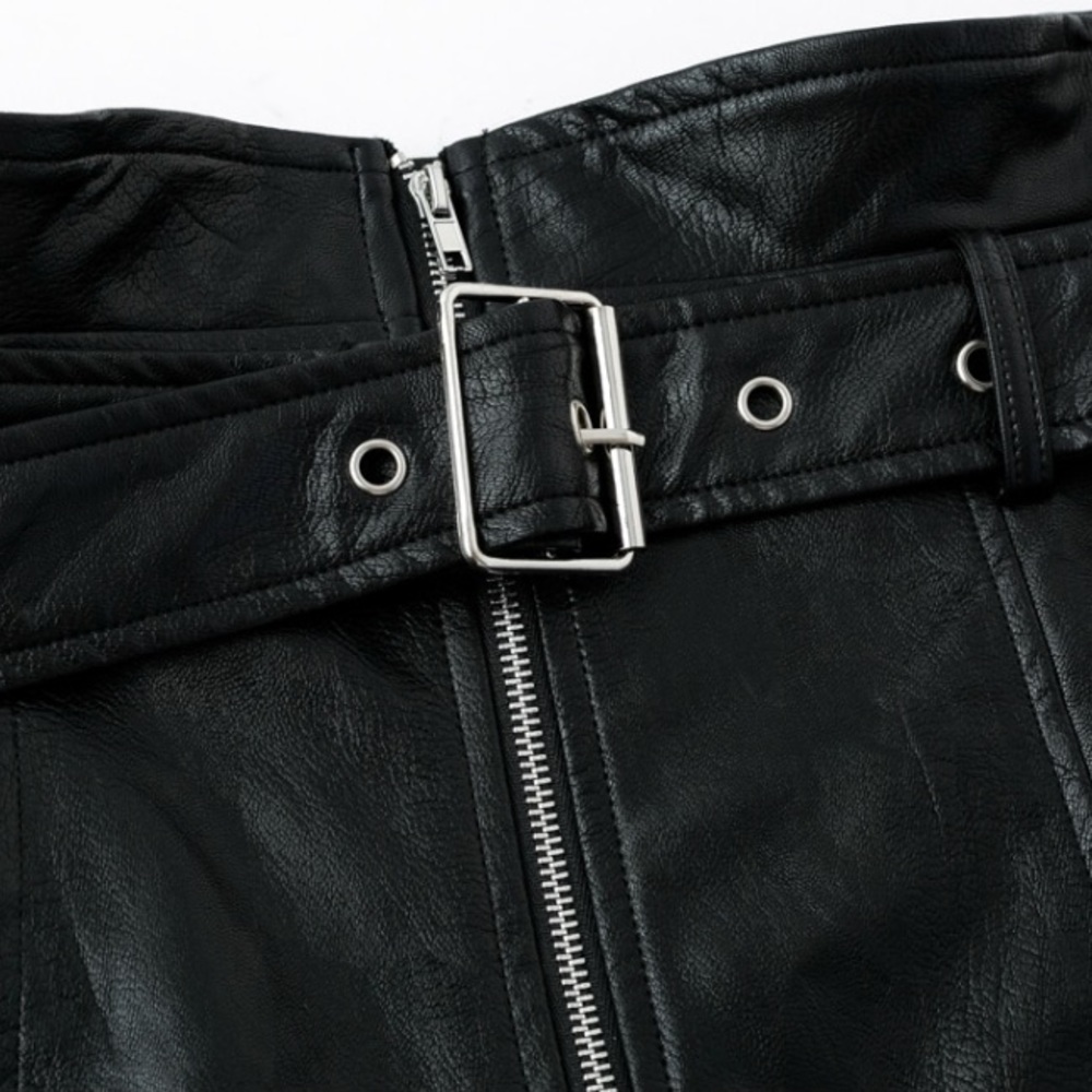 CLEARANCE Black Vegan Faux Leather Zip Up Belted Skirt - Picture 6 of 7